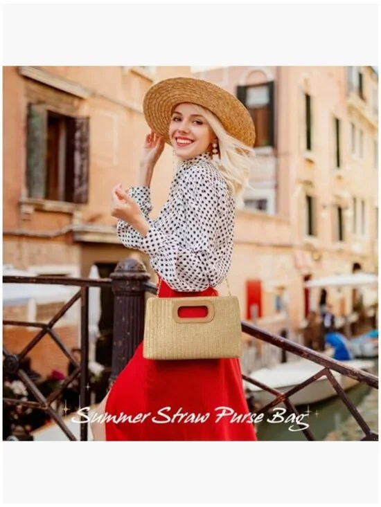 Woven Straw Clutch Purse with Detachable Chain Strap, Polyester and PU Leather - Picture 3 of 7